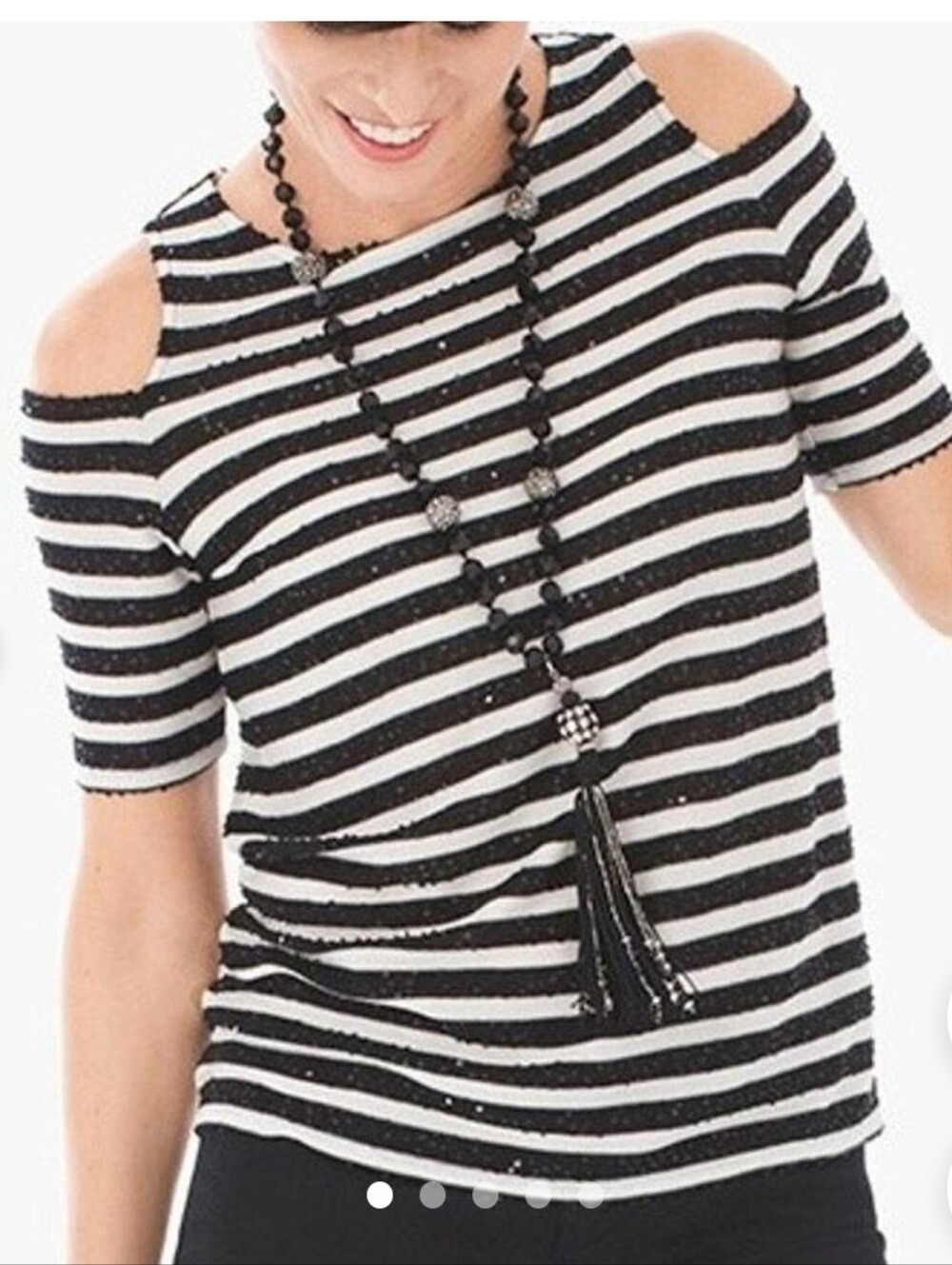 Chico's Black and White Sparkly Striped Cold-Shoulder Top Size Medium (12)